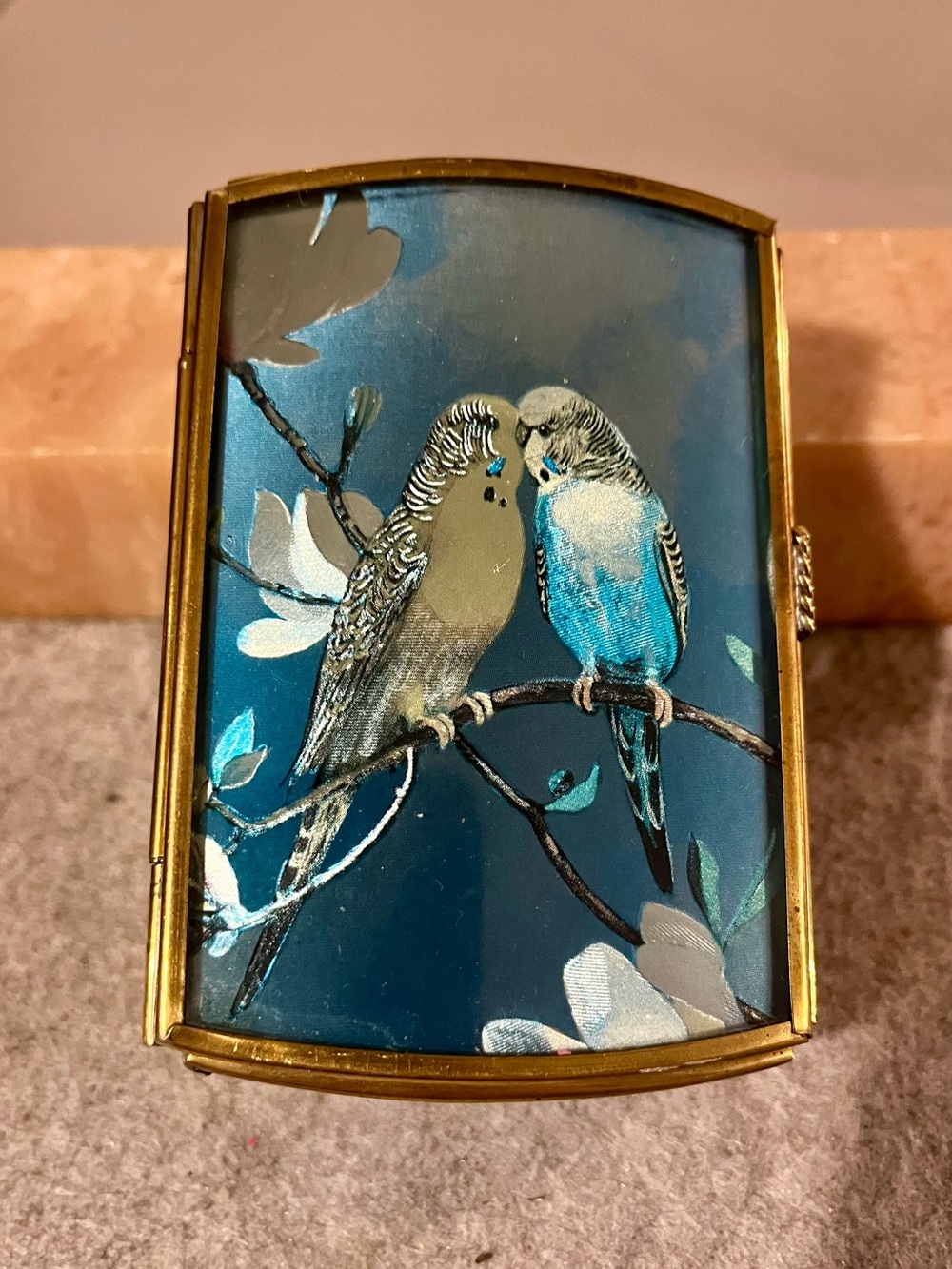 Vintage Brass & Glass Love Bird Trinket Box Made In Mexico
